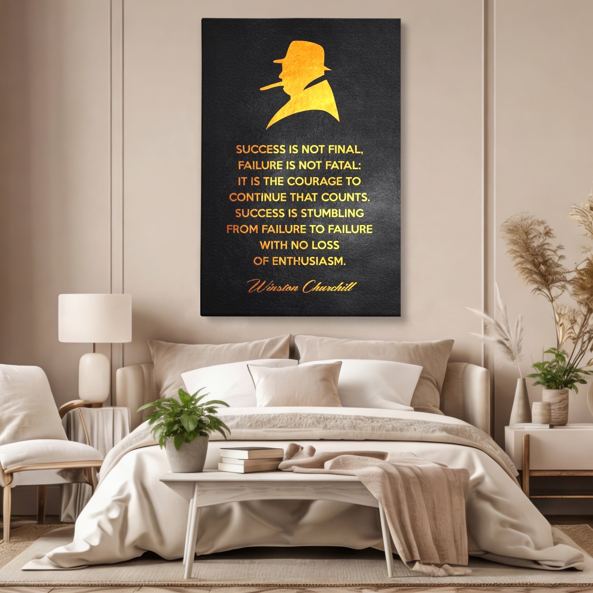 Tablou canvas cu tablou canvas cu winston churchill si citat, fara rama, pe sasiu de lemn, pe perete intr-un dormitor